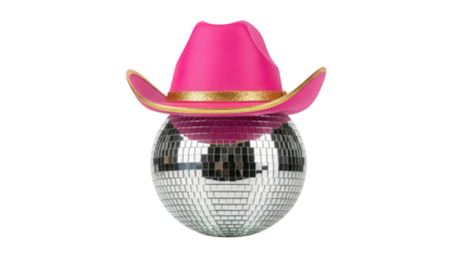 Shiny disco ball with pink cowboy hat isolated PNG, fun party decoration for festive events and celebrations on transparent background