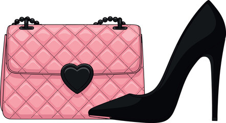 Fashion accessories illustration with pink quilted handbag and black high heel shoe in modern flat style for women shopping, luxury branding, and style designs