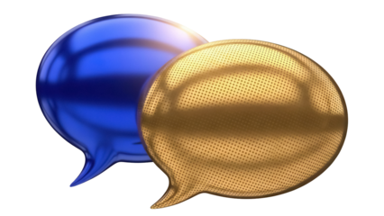 Two glossy speech bubbles PNG isolated on transparent background, blue and gold communication icons for social media and design use
