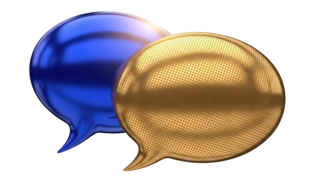 Two glossy speech bubbles PNG isolated on transparent background, blue and gold communication icons for social media and design use - Powered by Adobe