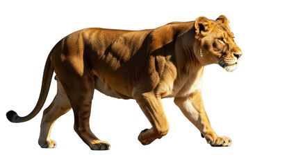 Obraz premium Majestic lioness walking isolated PNG on transparent background, powerful feline predator with golden fur and muscular build, wildlife animal