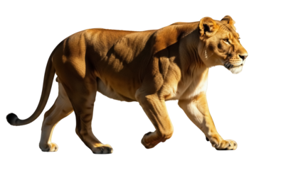 Majestic lioness walking isolated PNG on transparent background, powerful feline predator with golden fur and muscular build, wildlife animal