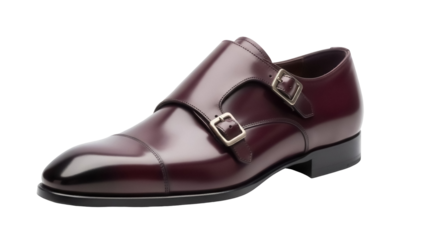 Elegant burgundy leather double monk strap shoe isolated PNG, formal footwear for business and special occasions