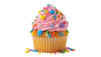 Delicious pink frosted cupcake with colorful sprinkles isolated PNG, sweet treat for birthdays and celebrations on transparent background