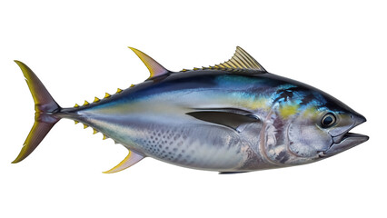 Yellowfin tuna fish isolated PNG, a large saltwater species with vibrant yellow fins and sleek body for seafood and culinary themes
