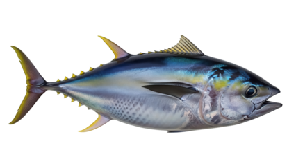 Yellowfin tuna fish isolated PNG, a large saltwater species with vibrant yellow fins and sleek body for seafood and culinary themes