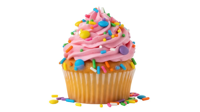 Delicious pink frosted cupcake with colorful sprinkles isolated PNG, sweet treat for birthdays and celebrations on transparent background