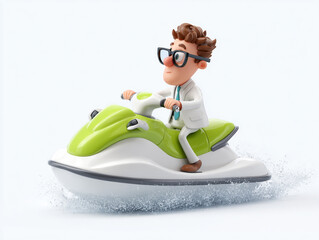 These 3D cartoon illustrations feature a small child and a large man riding sleek personal watercraft. They wear goggles and vests while splashing through crisp white water.
