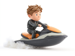These 3D cartoon illustrations feature a small child and a large man riding sleek personal watercraft. They wear goggles and vests while splashing through crisp white water.
