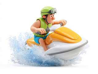 These 3D cartoon illustrations feature a small child and a large man riding sleek personal watercraft. They wear goggles and vests while splashing through crisp white water.

