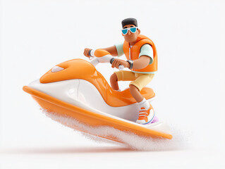 These 3D cartoon illustrations feature a small child and a large man riding sleek personal watercraft. They wear goggles and vests while splashing through crisp white water.
