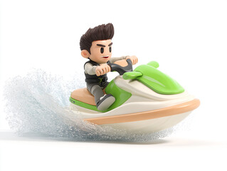 These 3D cartoon illustrations feature a small child and a large man riding sleek personal watercraft. They wear goggles and vests while splashing through crisp white water.
