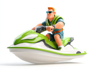 These 3D cartoon illustrations feature a small child and a large man riding sleek personal watercraft. They wear goggles and vests while splashing through crisp white water.

