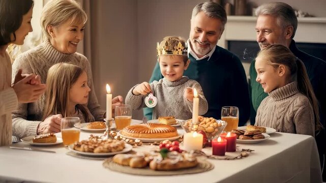 Happy boy wearing king crown found the bean in galette des rois cake, celebrating Epiphany holiday with family