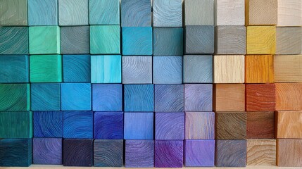 Abstract Mosaic of Textured Cubic Blocks with Gradient Color Spectrum from Blues to Browns in Overhead Lighting