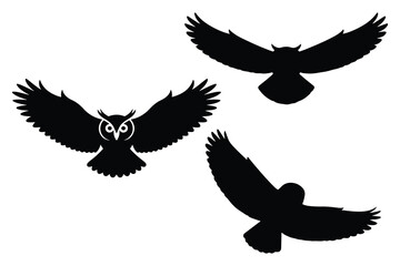 Three black silhouettes of flying owls with one owl having white eyes