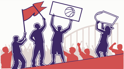 Passionate Crowd of Sports Fans Cheering Loudly Holding Signs and Red Flag Rally Illustration