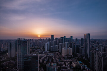 Fototapeta premium Sunset Over Chengdu Wuhou District Skyline, China