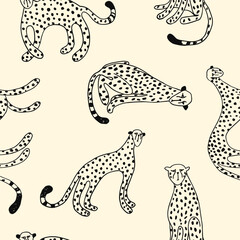 Outline cartoon cheetahs. Seamless pattern.
