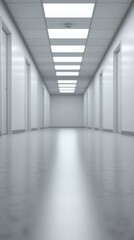 Fototapeta premium Long empty modern corridor with white walls bright ceiling lights minimalist interior hallway architecture and clean perspective.