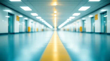 Fototapeta premium Vibrant long hallway design featuring yellow and blue walls architectural interior perspective.