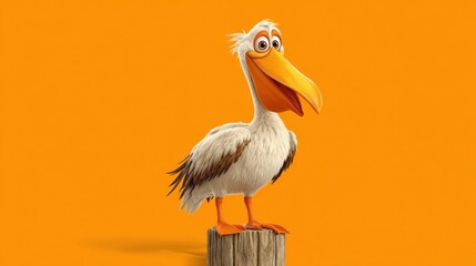 Fototapeta premium Animated Pelican stands on a wooden post against a vibrant orange background, looking friendly