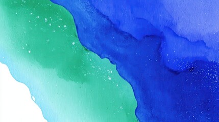 Abstract Watercolor Painting with Blended Blues and Greens and Dotted Patterns