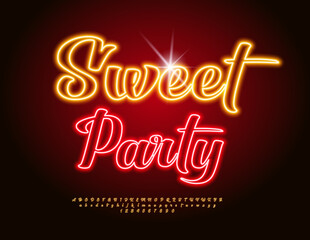 Vector Glowing invitation Sweet Party. Fashion Electric Font. Neon set of Calligraphic Alphabet Letters and Numbers.