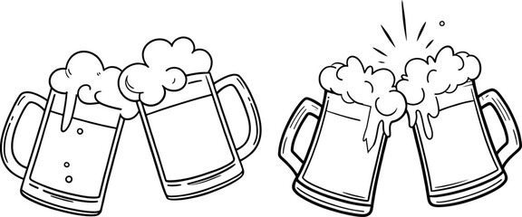 Two pairs of frothy beer mugs clinking in celebration and happiness, illustrated in a simple black and white graphic style