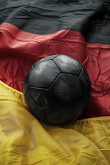 Black soccer ball on German fabric German flag yellow