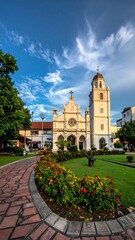 Fototapeta premium Historic Church and Bell Tower with Lush Gardens Under a Vibrant Blue Sky.