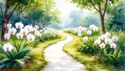 Enchanting forest path painting serene woodland trail art lush green trees sunlight filtering through canopy depicting tranquil nature scene.