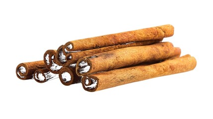 Closeup of several brown cinnamon sticks with white powder inside