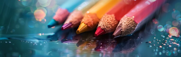 Colorful pencils with sharp tips on a reflective surface