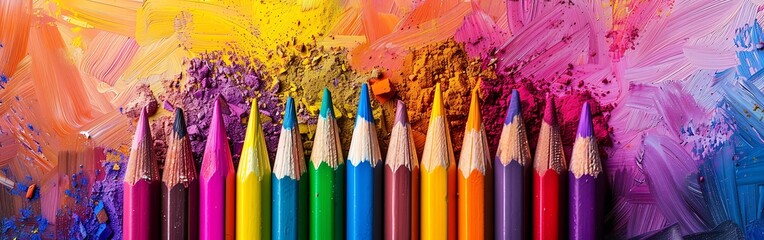 Colorful Pencils with Vibrant Paint Splashes Background