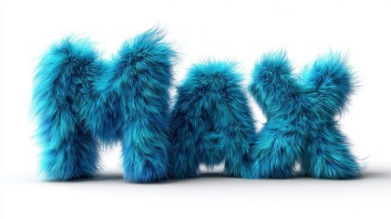 Three letters, forming a word. Turquoise fur texture, soft, fluffy, on white. Shadows create depth and dimension. Playful design, unique typography