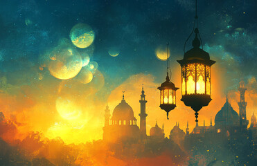 Image for Ramadan, featuring a glowing lantern and a mosque silhouette under a crescent moon, creating a serene, spiritual atmosphere.