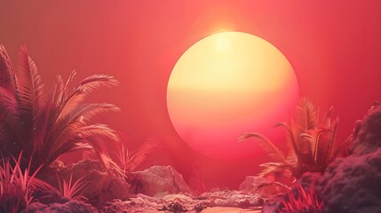 Large Orange Sun Over Tropical Landscape With Palm Trees