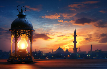 Image for Ramadan, featuring a glowing lantern and a mosque silhouette under a crescent moon, creating a serene, spiritual atmosphere.
