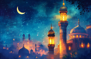 Image for Ramadan, featuring a glowing lantern and a mosque silhouette under a crescent moon, creating a serene, spiritual atmosphere.