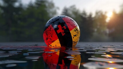 Soccer ball with red symbol on wet ground at sunset
