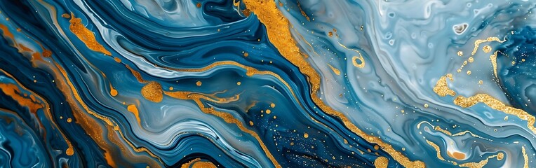 Swirling Blue and Gold Abstract Background with Fluid Patterns