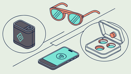 Future Wearable Technology Ecosystem Isometric Illustration Smart Glasses Mobile App Synchronization and IoT Data Transfer