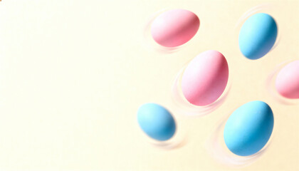 Flying pastel pink and blue Easter eggs on a yellow background. Dynamic holiday celebration or gender reveal concept with copy space for text