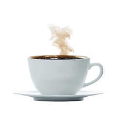 White cup of black coffee with rising steam on saucer