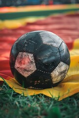 Worn Black Soccer Ball on Colorful Fabric white scuffed