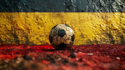 Worn Soccer Ball on Red Surface with Yellow Wall dirty