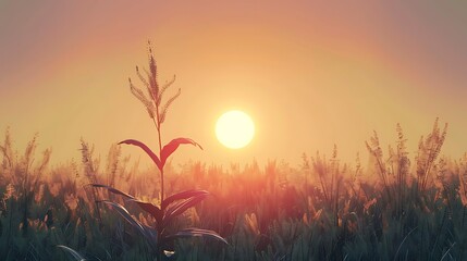 Young Corn Plant in Field at Sunset with Sun in Background