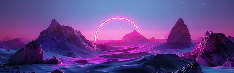 A futuristic neon lit mountain range with a glowing pink arch in the distance at dusk