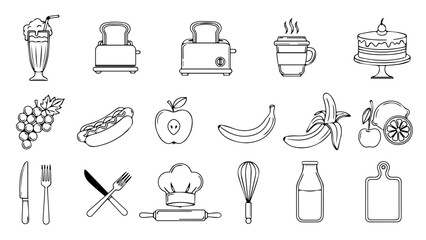 Kitchen food and cooking utensils hand drawn doodle icons set